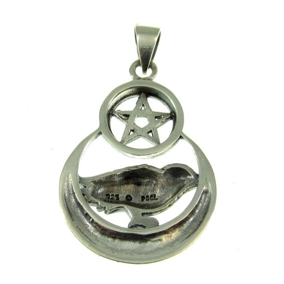 Solid 925 Sterling Silver Raven on Celtic Crescent Moon Pentacle Pendant - Picture 5 of 5